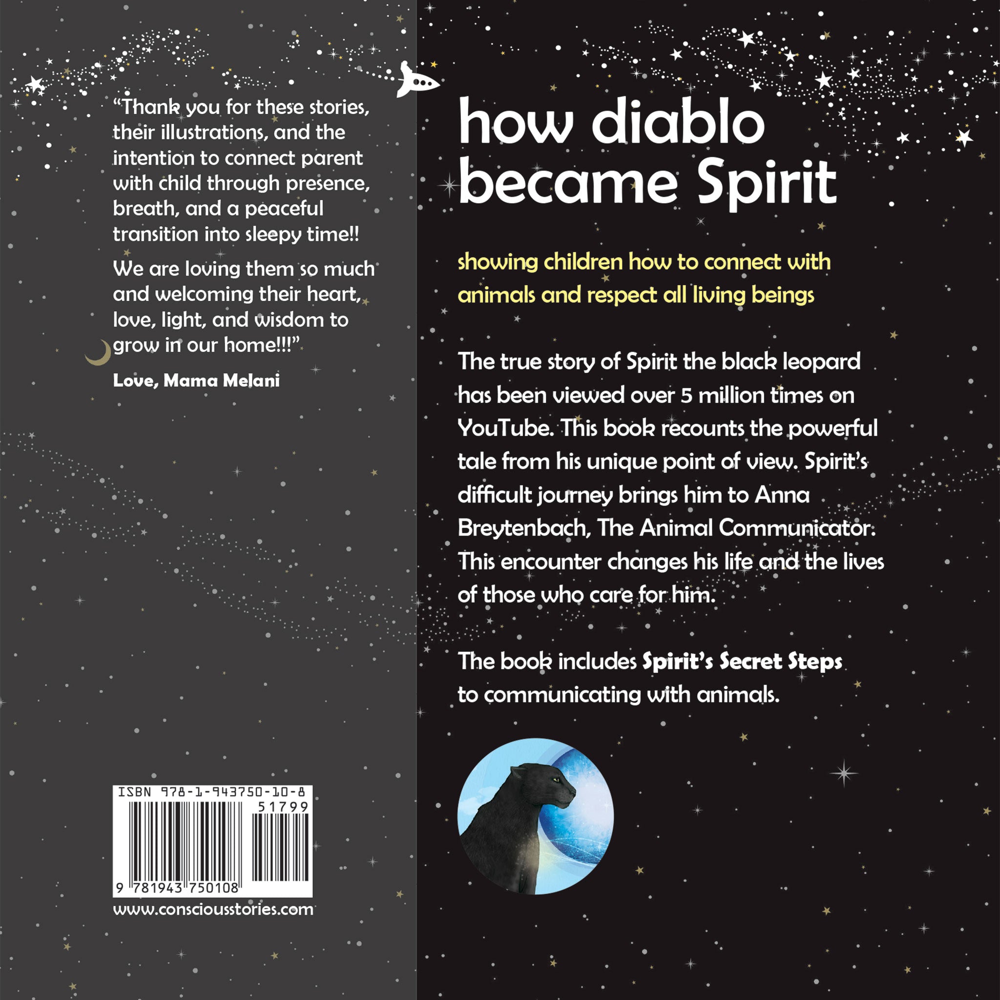 Back cover of How Diablo Became Spirit kids' picture book about animal communication