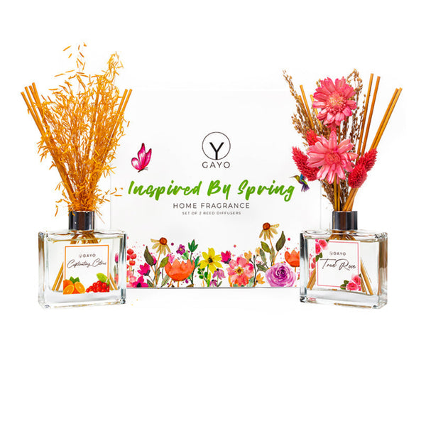 Gayo Spring Blossom Reed Diffuser Set with rose and citrus fragrance on a styled home surface