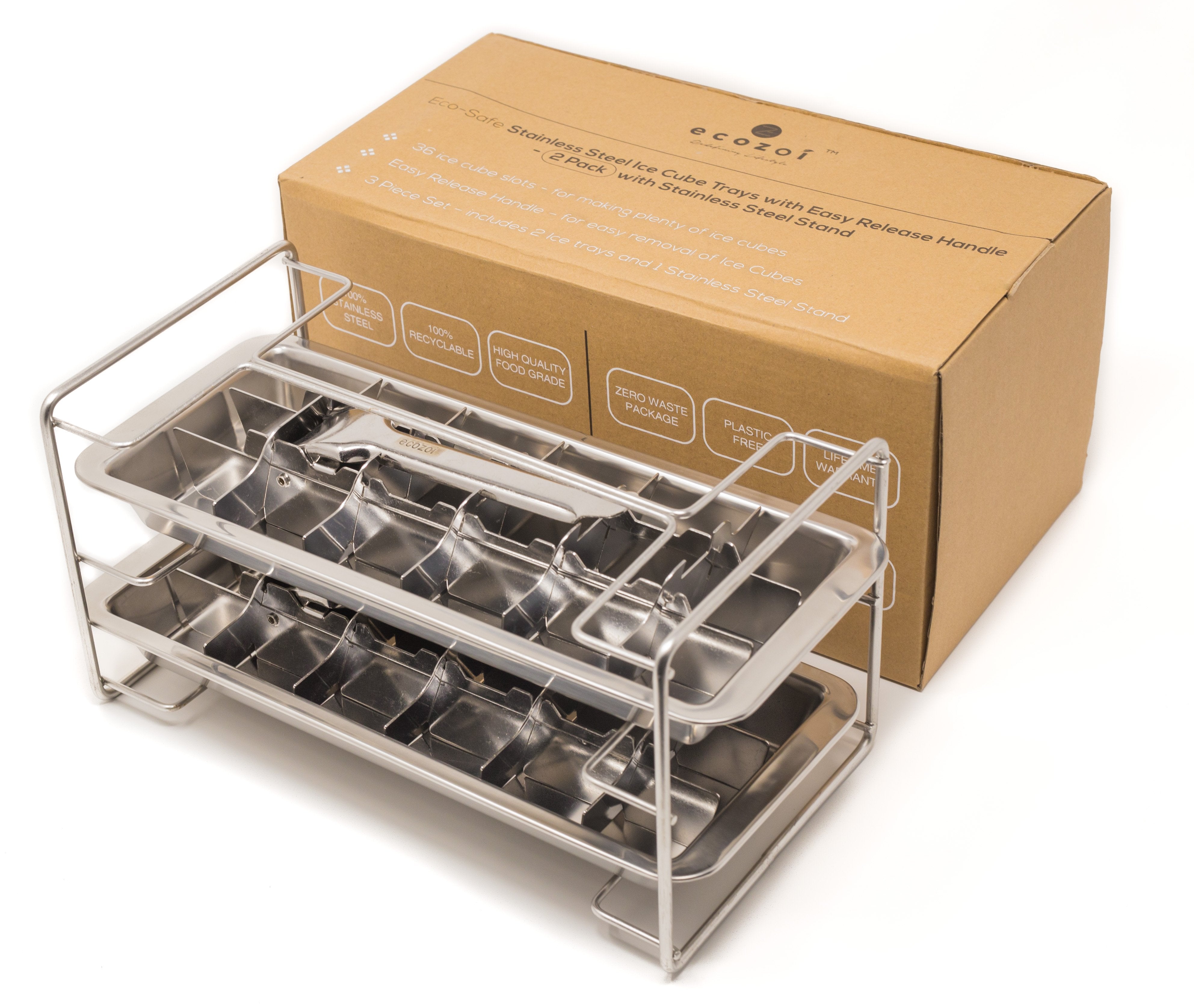 Ecozoi stainless steel ice cube trays 2-pack with easy release handle and rack — BPA-free and plastic-free