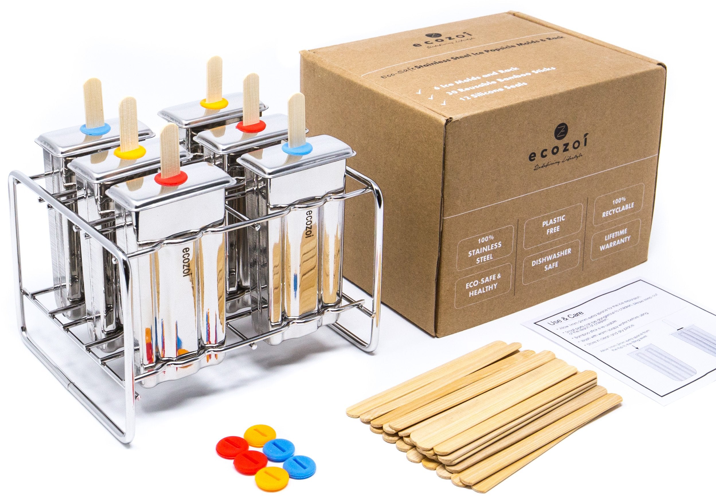 Ecozoi ice cream pop maker with popsicle sticks and colorful buttons next to a cardboard box.