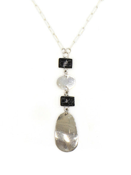 Stepping Stone Pendant Necklace – Silver & Black Long Chain Necklace
