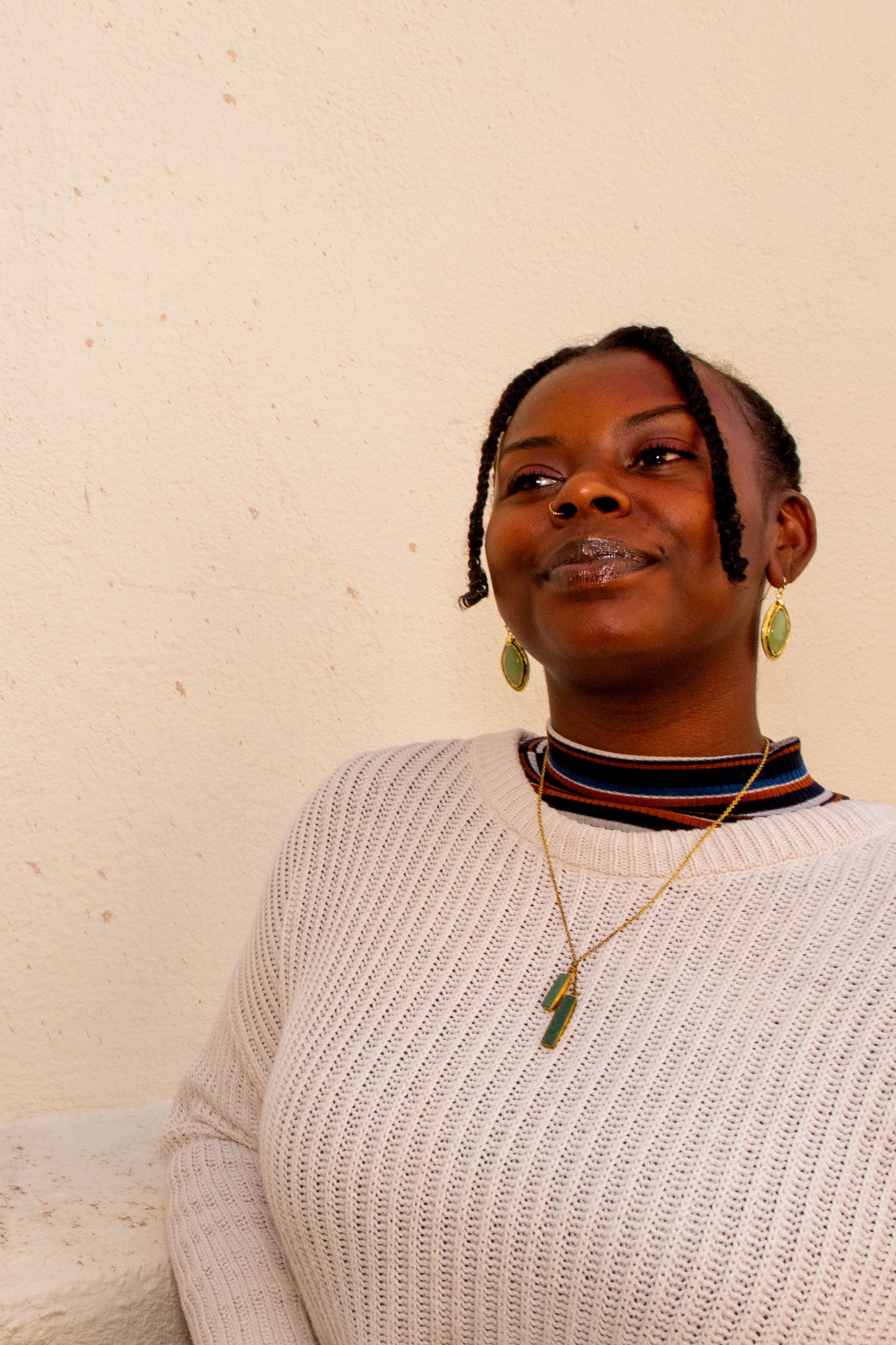 Close-up of Stevie Dangle Earrings showing double brass and recycled glass detail by Fair Anita