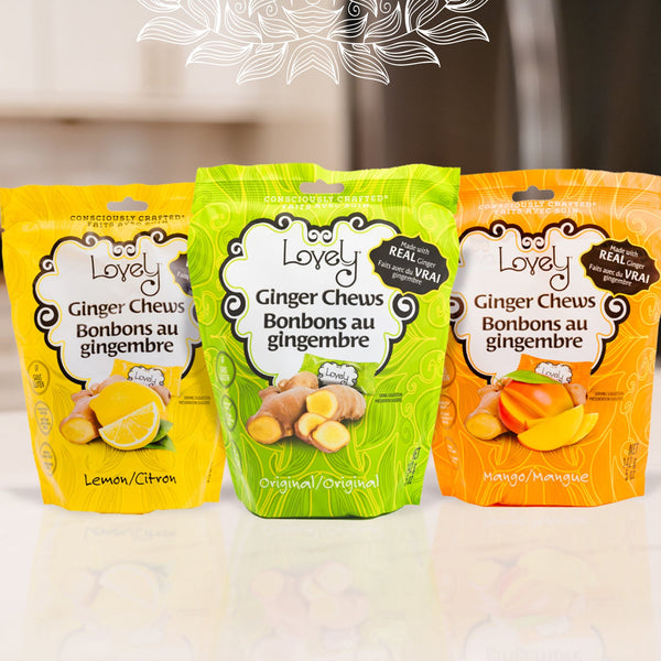 Ginger Essentials Box featuring Original, Lemon, and Mango ginger chews from Lovely Candy Company