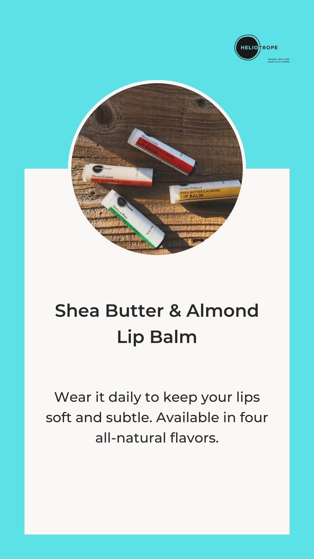 Heliotrope SF natural lip balm collection with four flavour options displayed