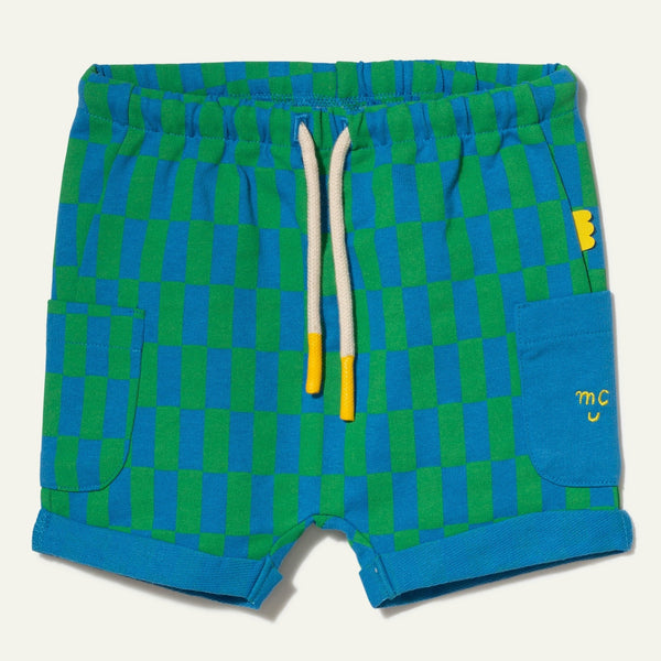 Blue and green checkered shorts with a drawstring on a white background