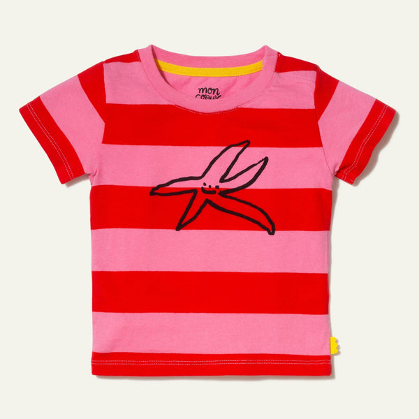 Pink and red striped t-shirt with a black starfish design on a white background
