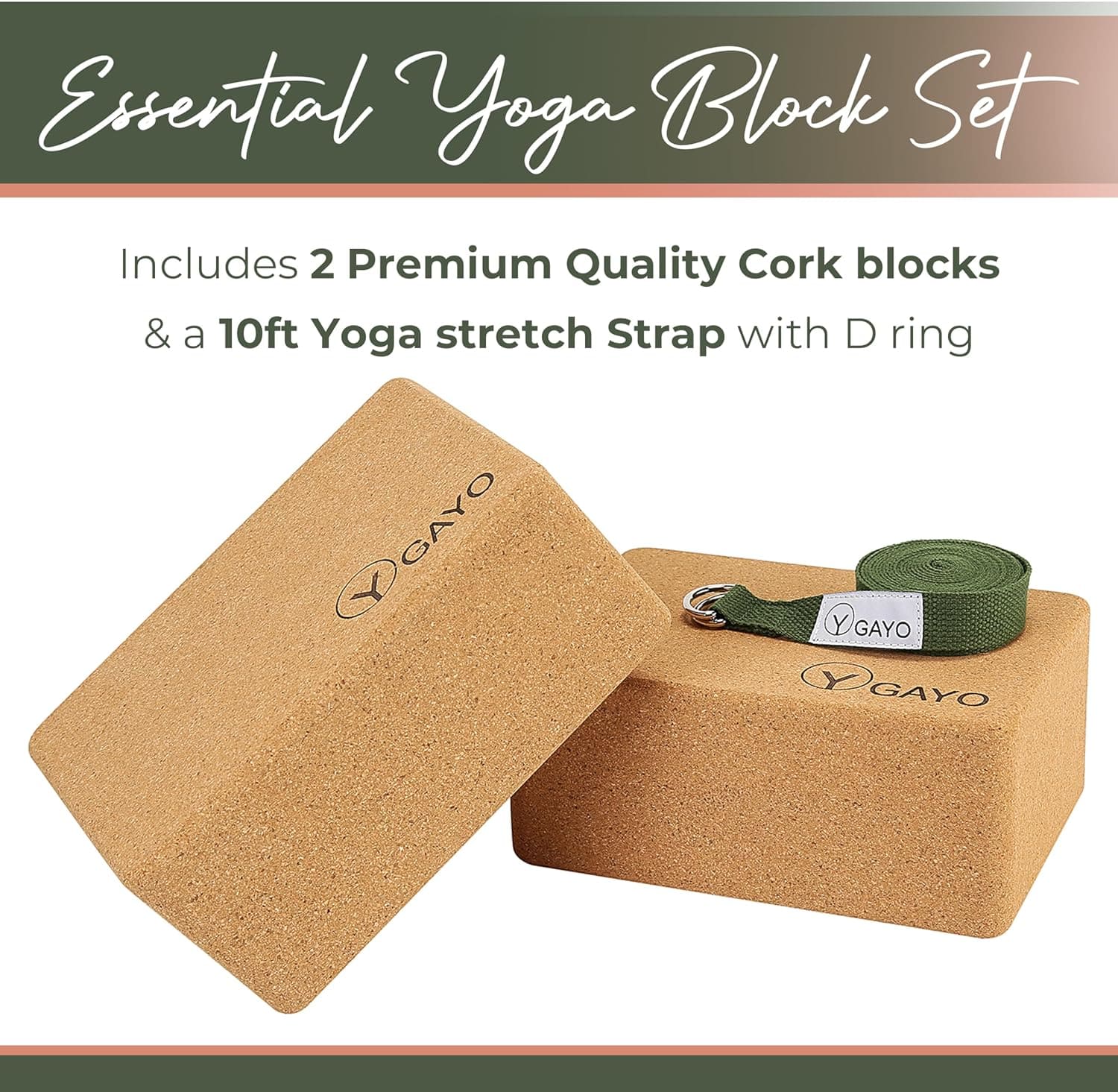 Yoga block set with cork blocks and a yoga strap on a white background