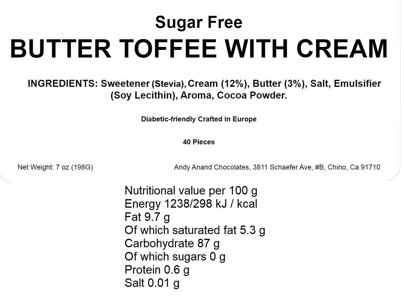 Closeup of Andy Anand sugar free butter toffee with cream, stevia sweetened and gluten free