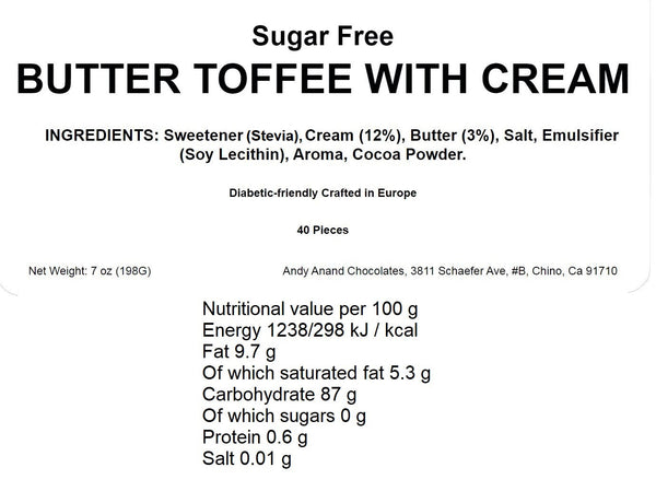 Closeup of Andy Anand sugar free butter toffee with cream, stevia sweetened and gluten free