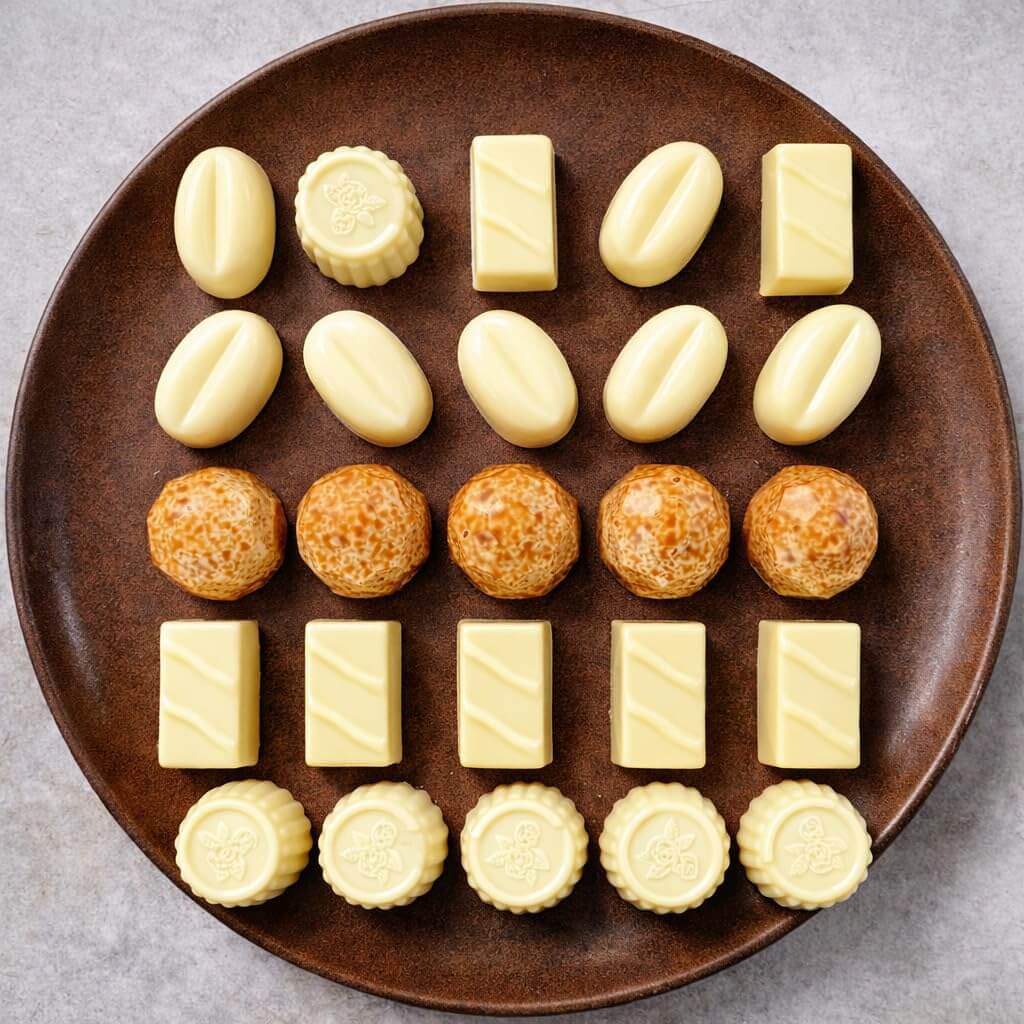 Sugar free white chocolate pralines by Andy Anand arranged in elegant gift box packaging