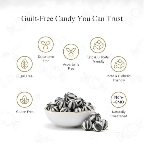 Bowl of black and white striped candies with health benefits listed on a white background