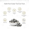Bowl of black and white striped candies with health benefits listed on a white background