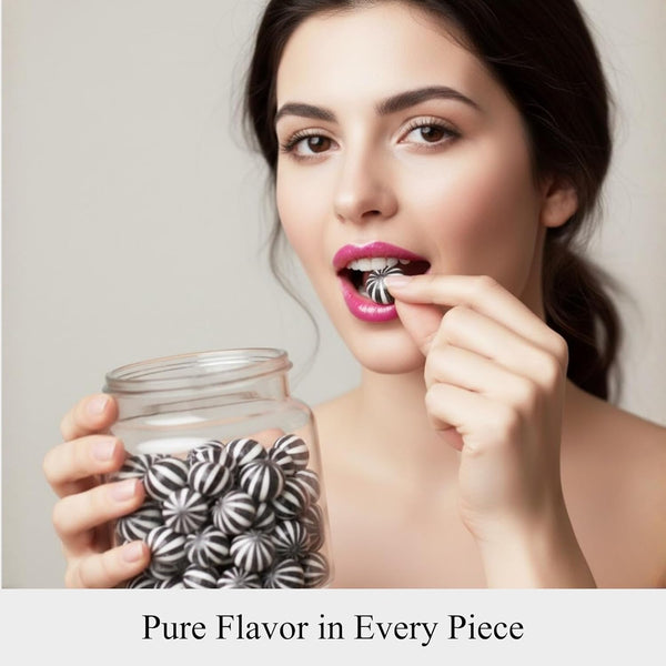 Woman holding a jar of black and white striped candies with text 'Pure Flavor in Every Piece'.