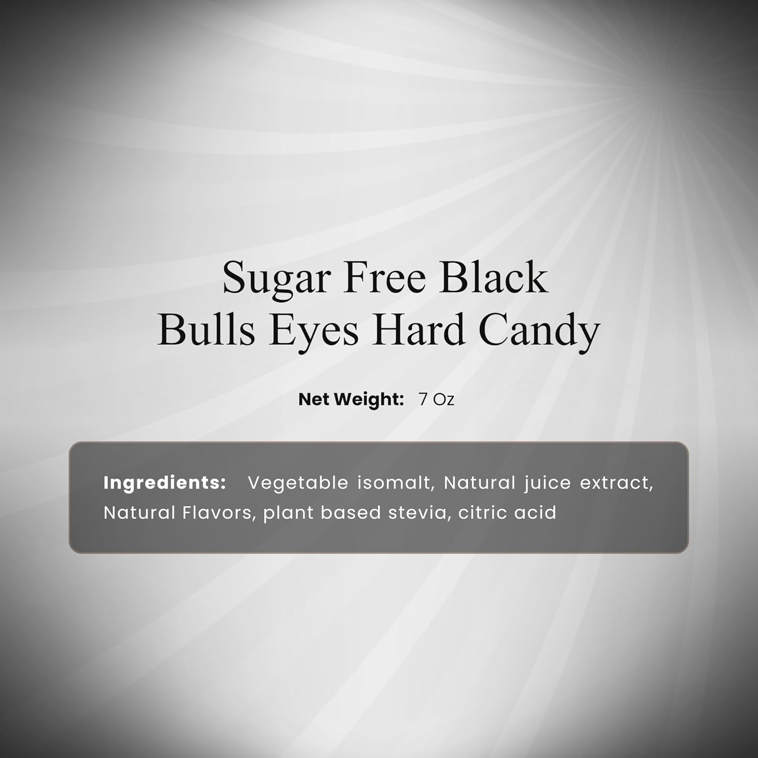 Label for sugar-free black bulls eyes hard candy with ingredients listed.