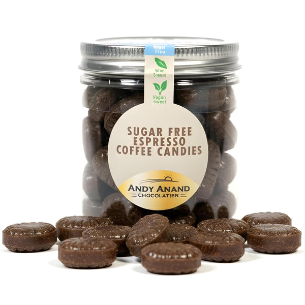 Andy Anand sugar-free espresso coffee hard candy in a 7 oz gourmet gift box, stevia sweetened and keto-friendly