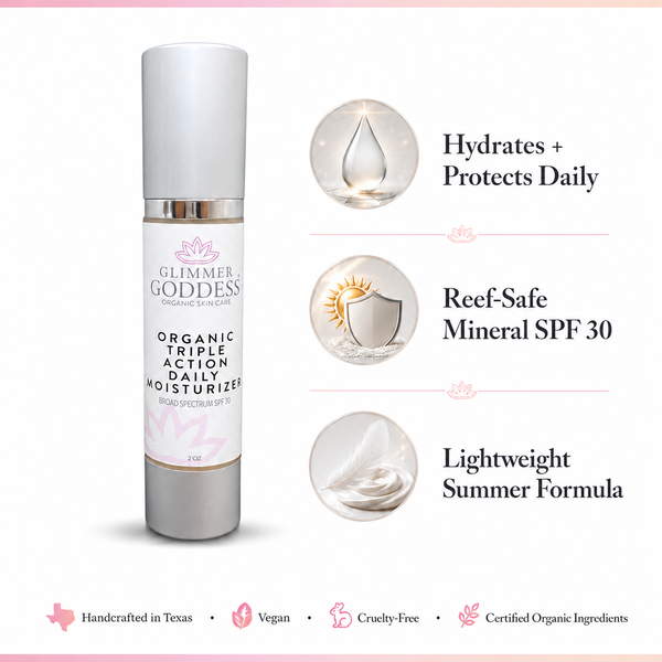 Glimmer Goddess organic daily moisturizer with features listed on a white background