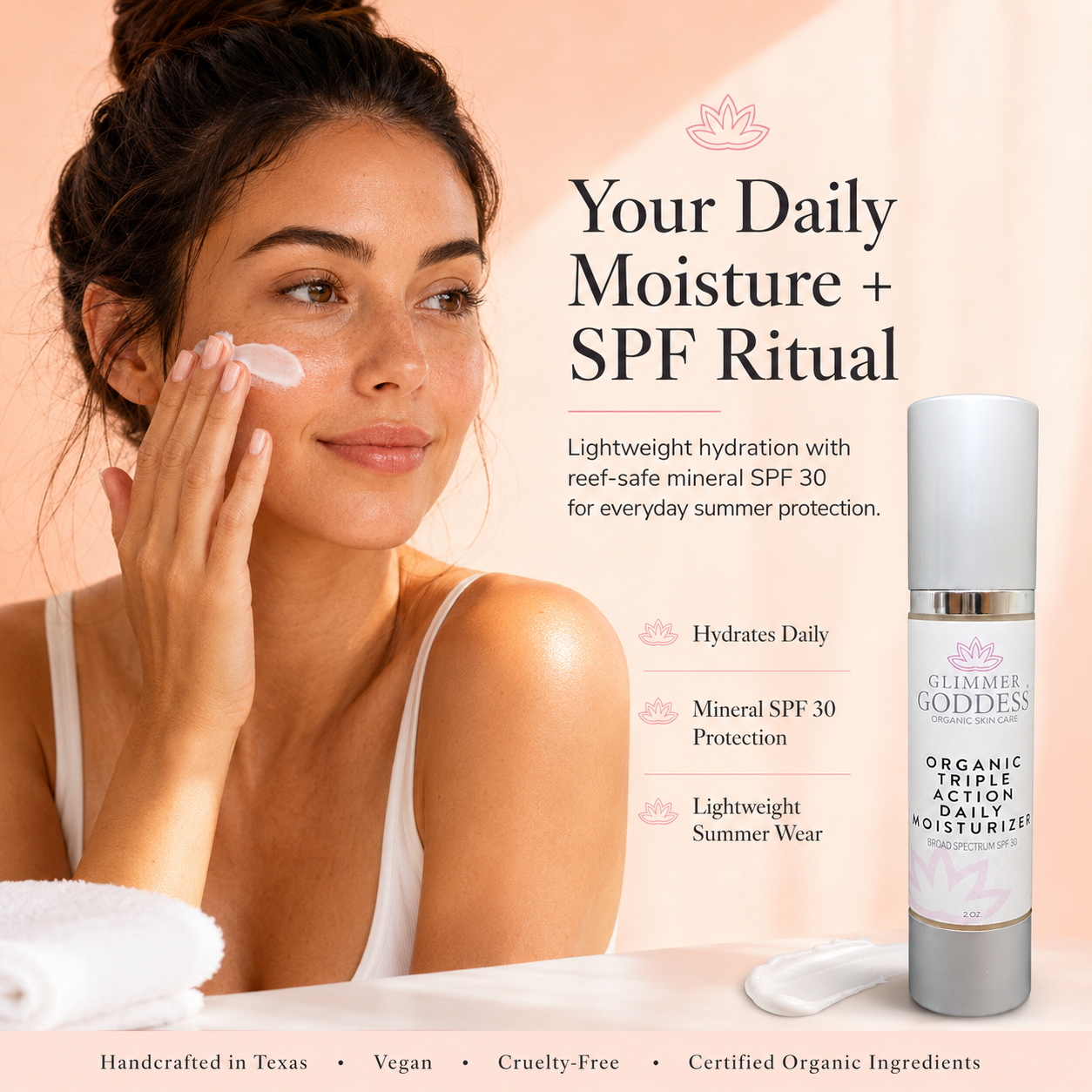 Woman applying sunscreen with a bottle of Guimier Goddess Organic Triple Action Daily Moisturizer on a peach background.