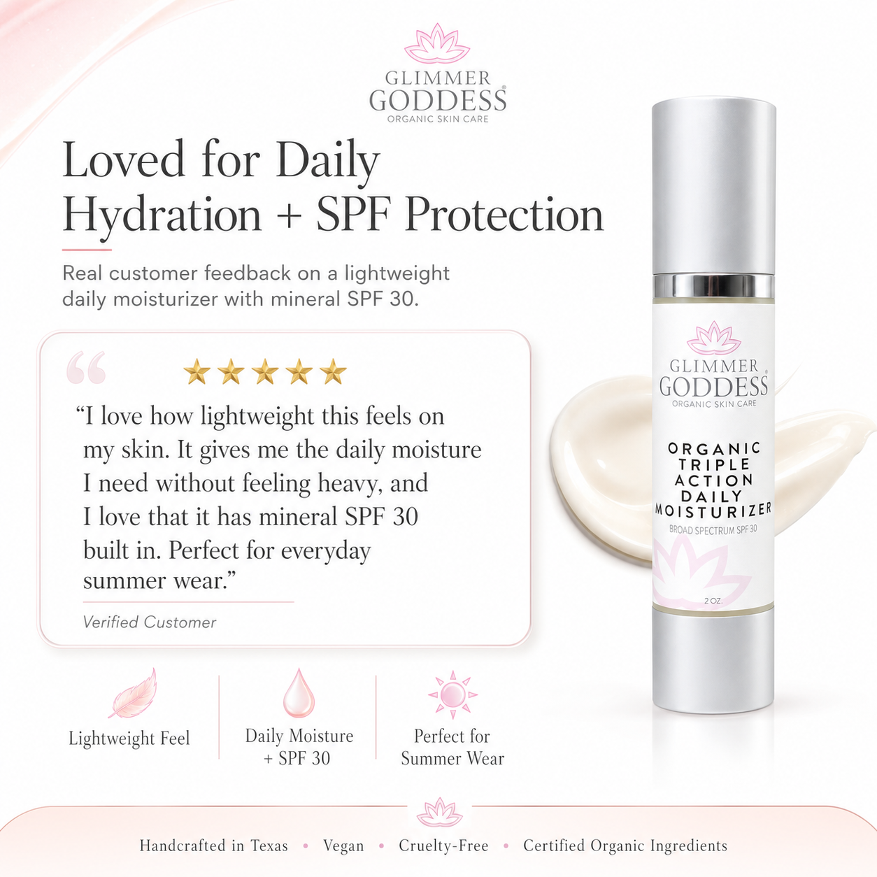 Glimmer Goddess organic daily moisturizer with SPF 30 on a white background