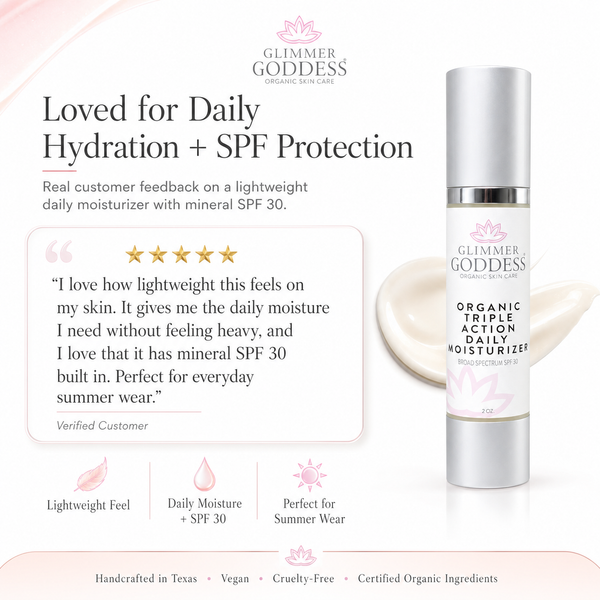Glimmer Goddess organic daily moisturizer with SPF 30 on a white background