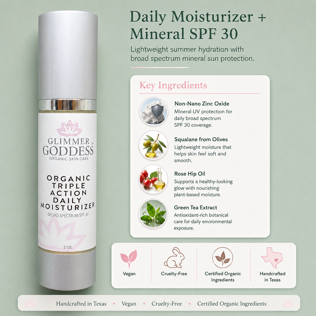 Glimmer Goddess organic triple action daily moisturizer with SPF 30 on a light green background