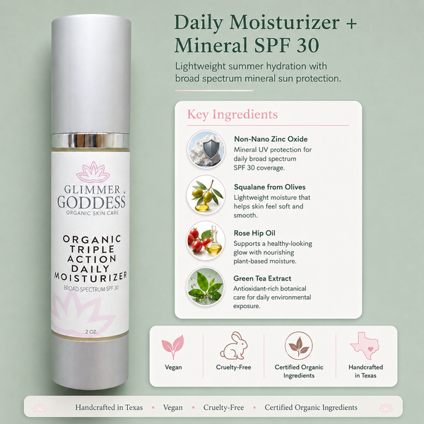 Glimmer Goddess organic triple action daily moisturizer with SPF 30 on a light green background