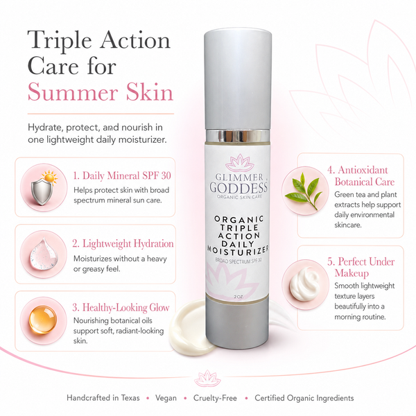 Glimmer Goddess organic triple action daily moisturizer with features listed on a light pink background