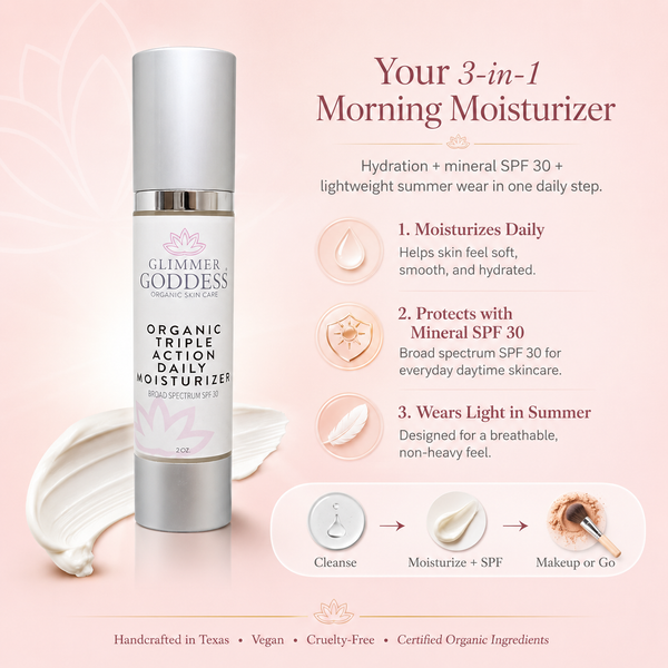 Glimmer Goddess organic triple action daily moisturizer on a pink background with product details.