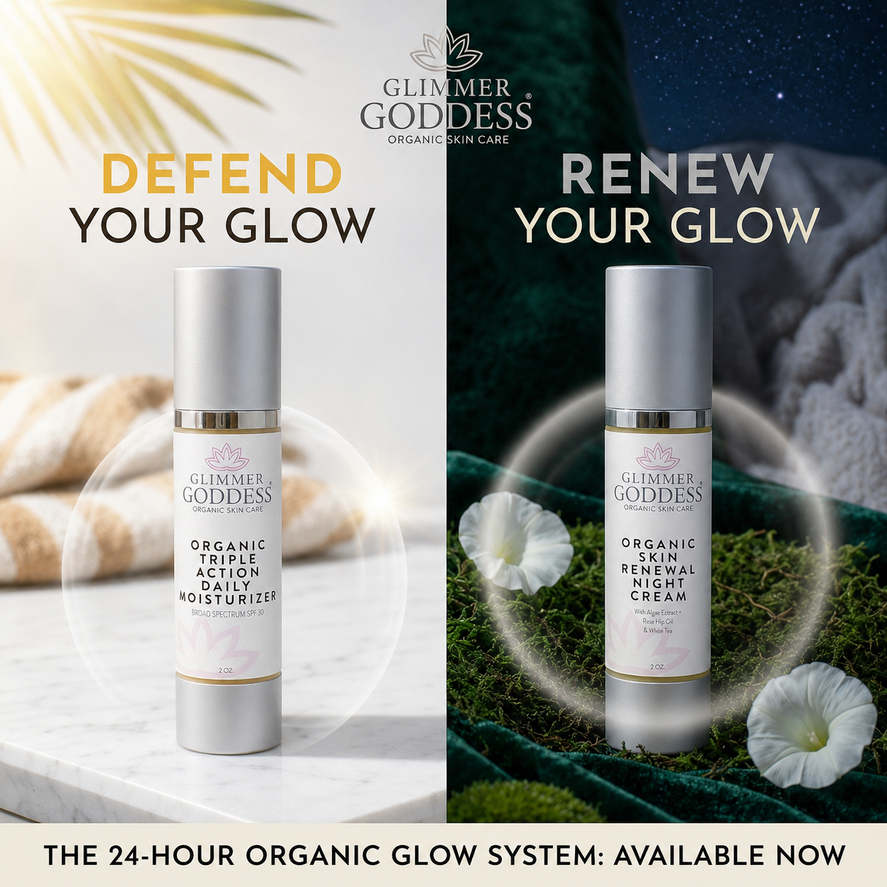 Glimmer Goddess Organic Day and Night Duo, SPF 30 day cream and night cream side by side