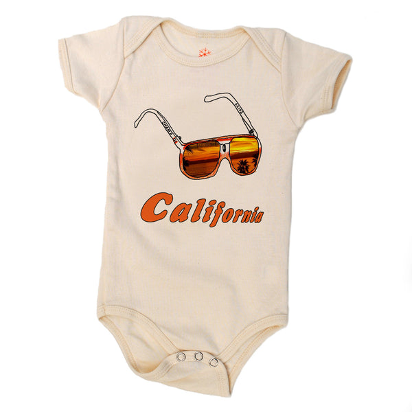 Beige baby onesie with sunglasses and 'California' text on a white background
