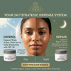Glimmer Goddess skincare product advertisement with a split-face illustration and product packaging.