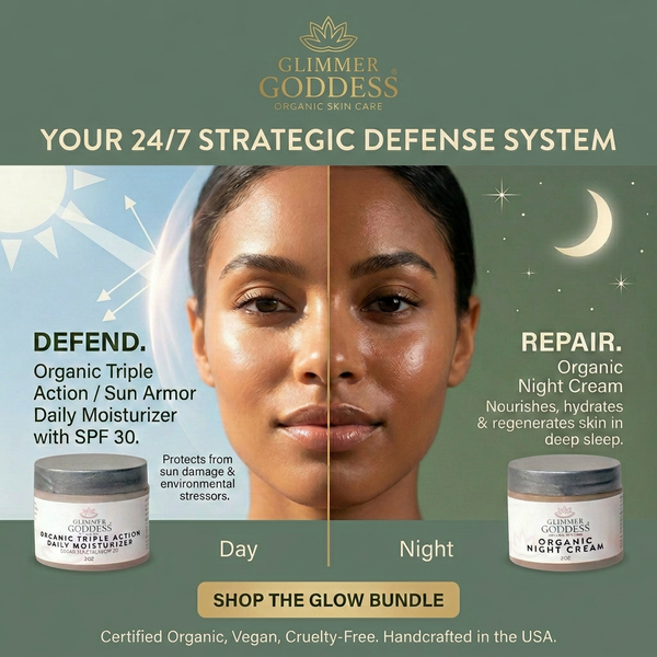 Glimmer Goddess skincare product advertisement with a split-face illustration and product packaging.