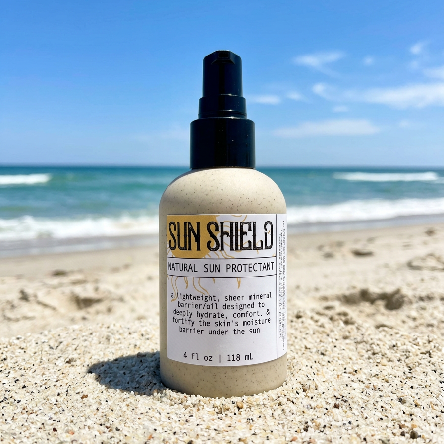 Apotheke DuJardin Sun Shield non-nano zinc oxide reef safe tallow barrier oil bottle standing upright in beach sand with blue sky and ocean waves in background