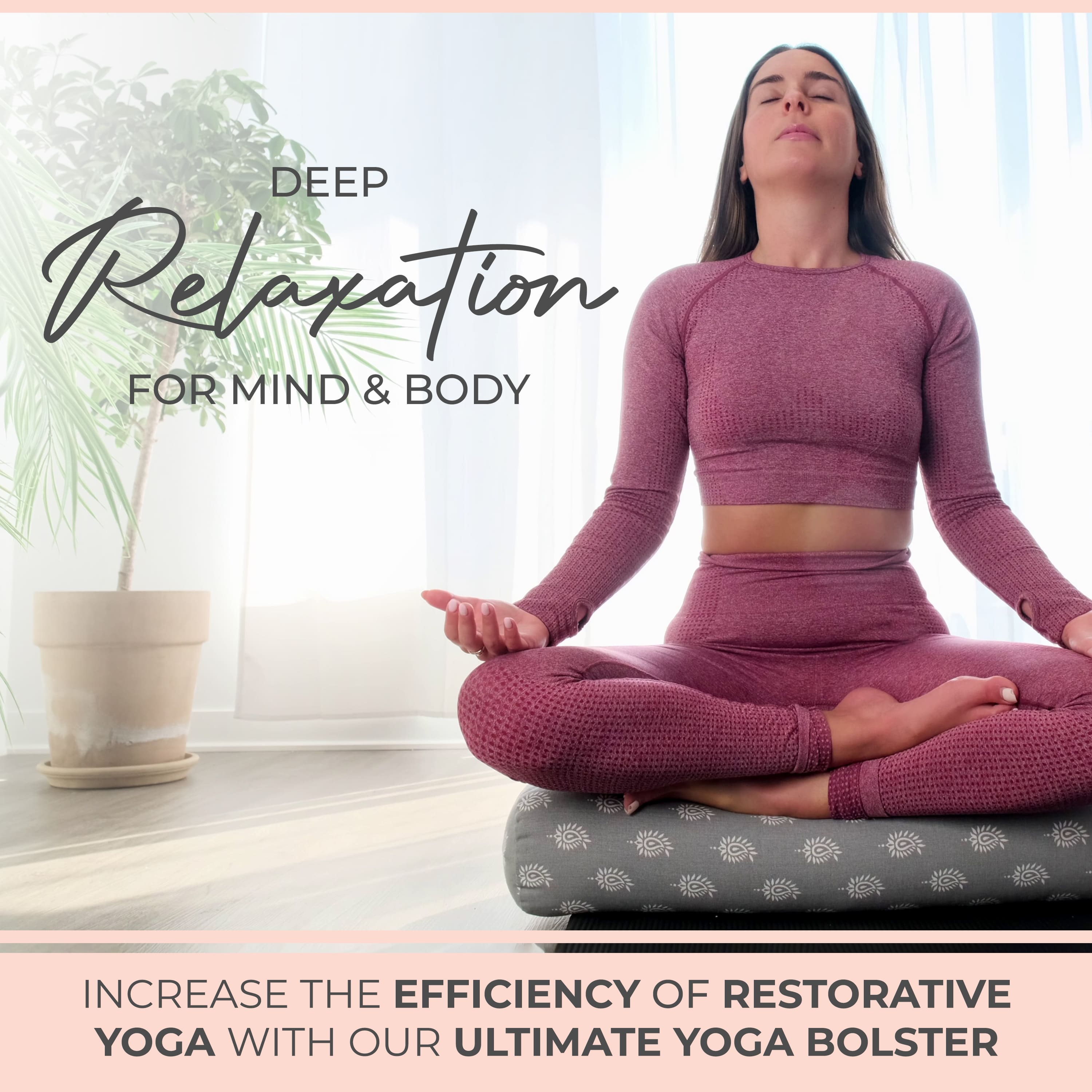 Woman in a purple outfit meditating on a yoga bolster with text about deep relaxation and restorative yoga.