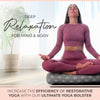 Woman in a purple outfit meditating on a yoga bolster with text about deep relaxation and restorative yoga.