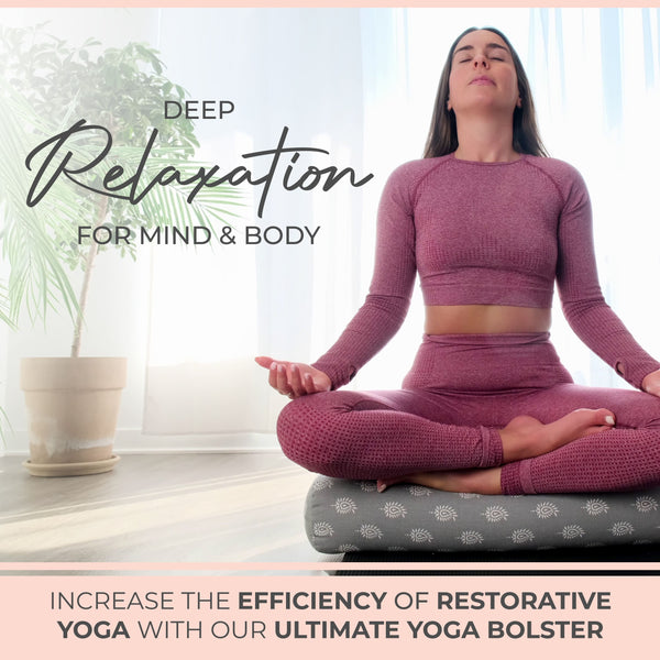 Woman in a purple outfit meditating on a yoga bolster with text about deep relaxation and restorative yoga.