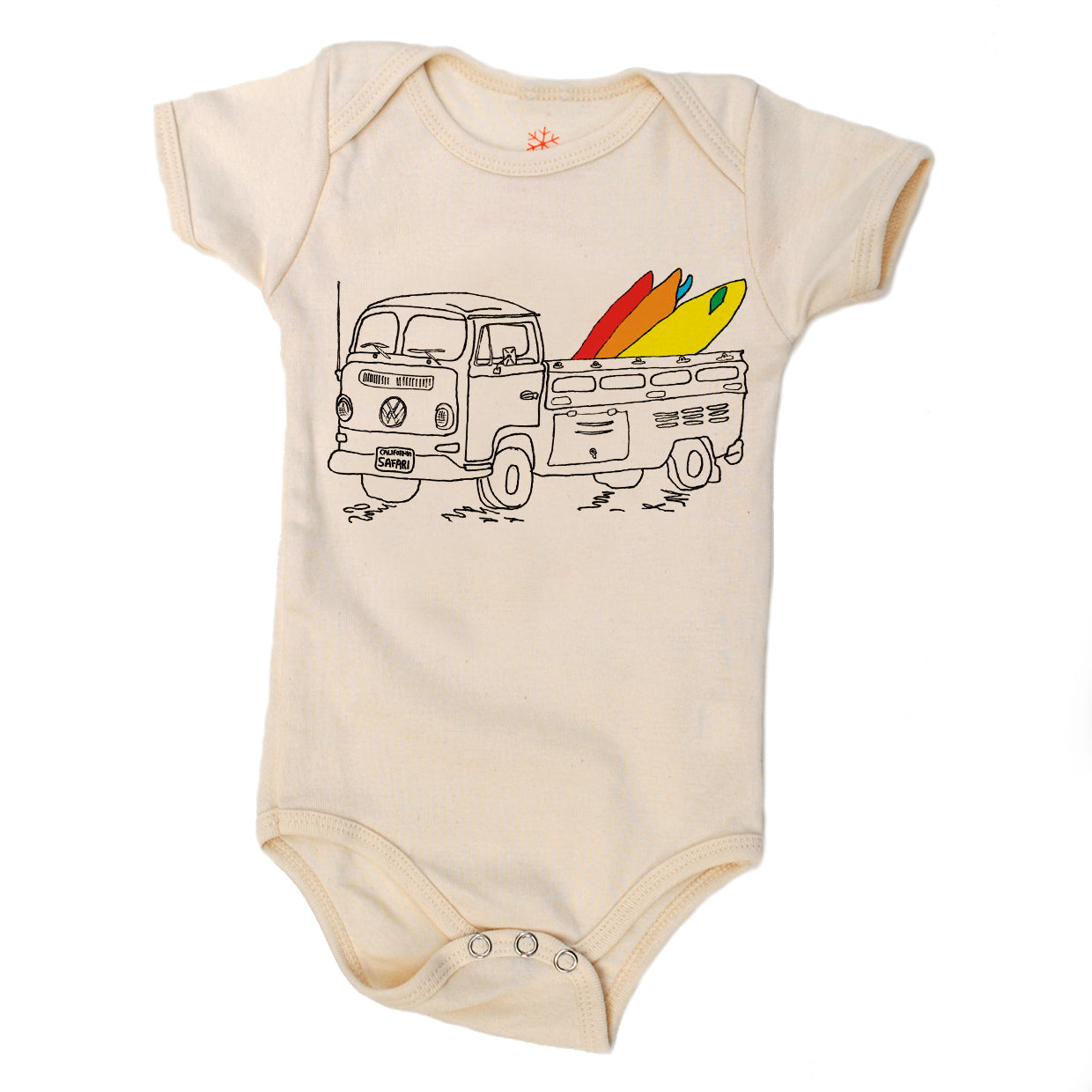 Beige baby onesie with a graphic of a van and surfboards on a white background