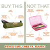 Comparison of cork pencil case and plastic pencil case with environmental benefits highlighted.