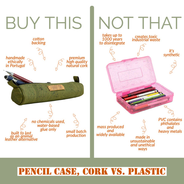 Comparison of cork pencil case and plastic pencil case with environmental benefits highlighted.