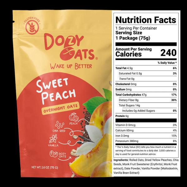 Doley Oats Sweet Peach overnight oats package with nutrition facts label