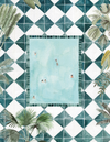 Illustration of a pool with people in it, surrounded by geometric tile pattern and palm leaves.
