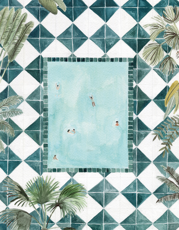 Illustration of a pool with people in it, surrounded by geometric tile pattern and palm leaves.