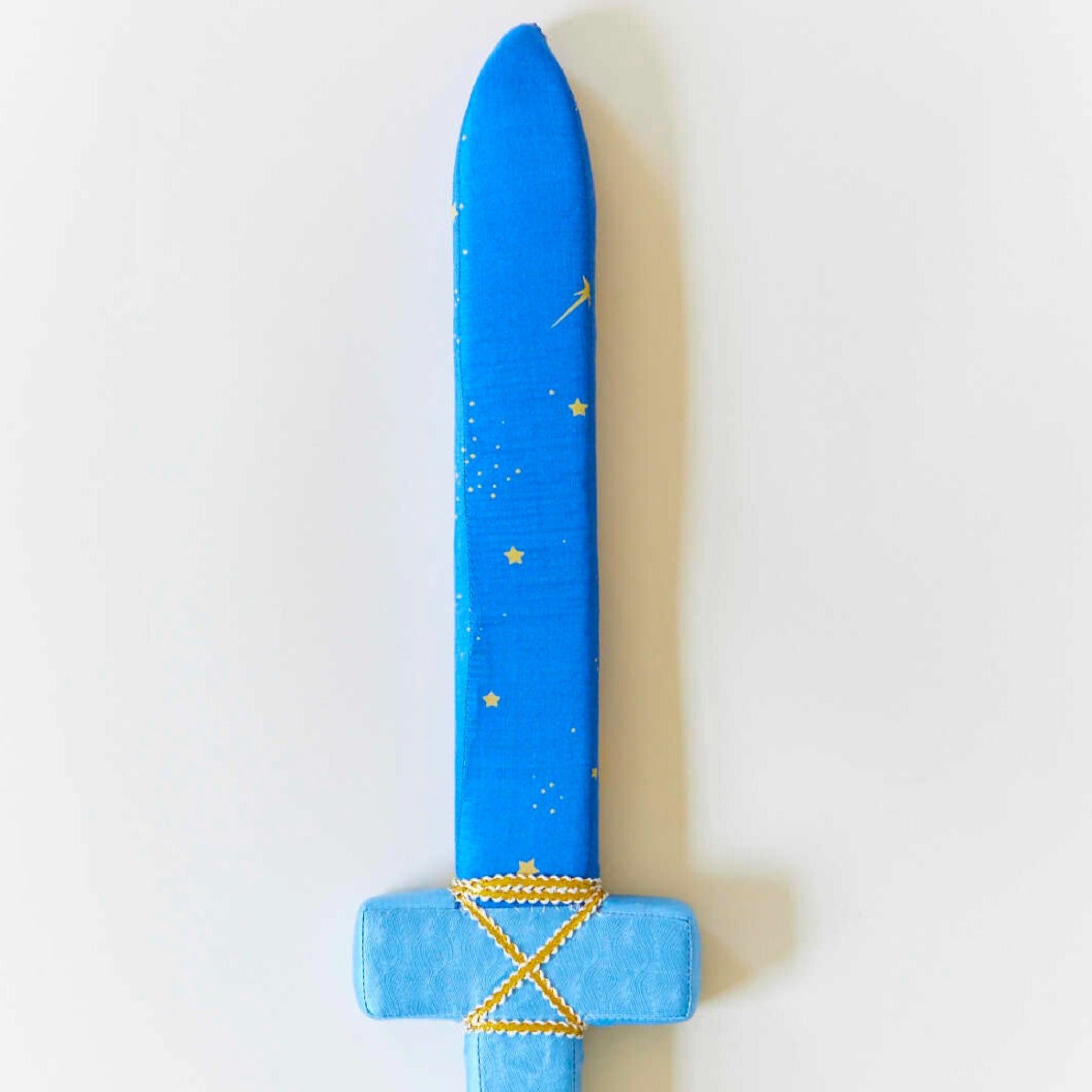Blue sword with gold accents on a white background