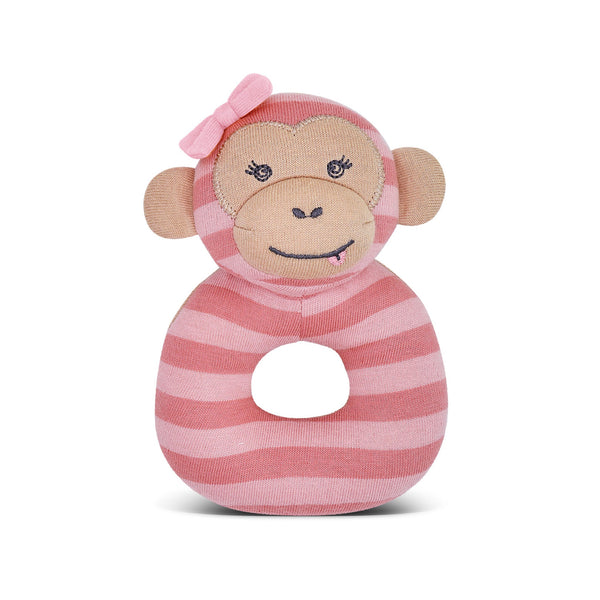 Maggie Monkey organic cotton teething rattle with embroidered face, by Apple Park & Organic Farm Buddies
