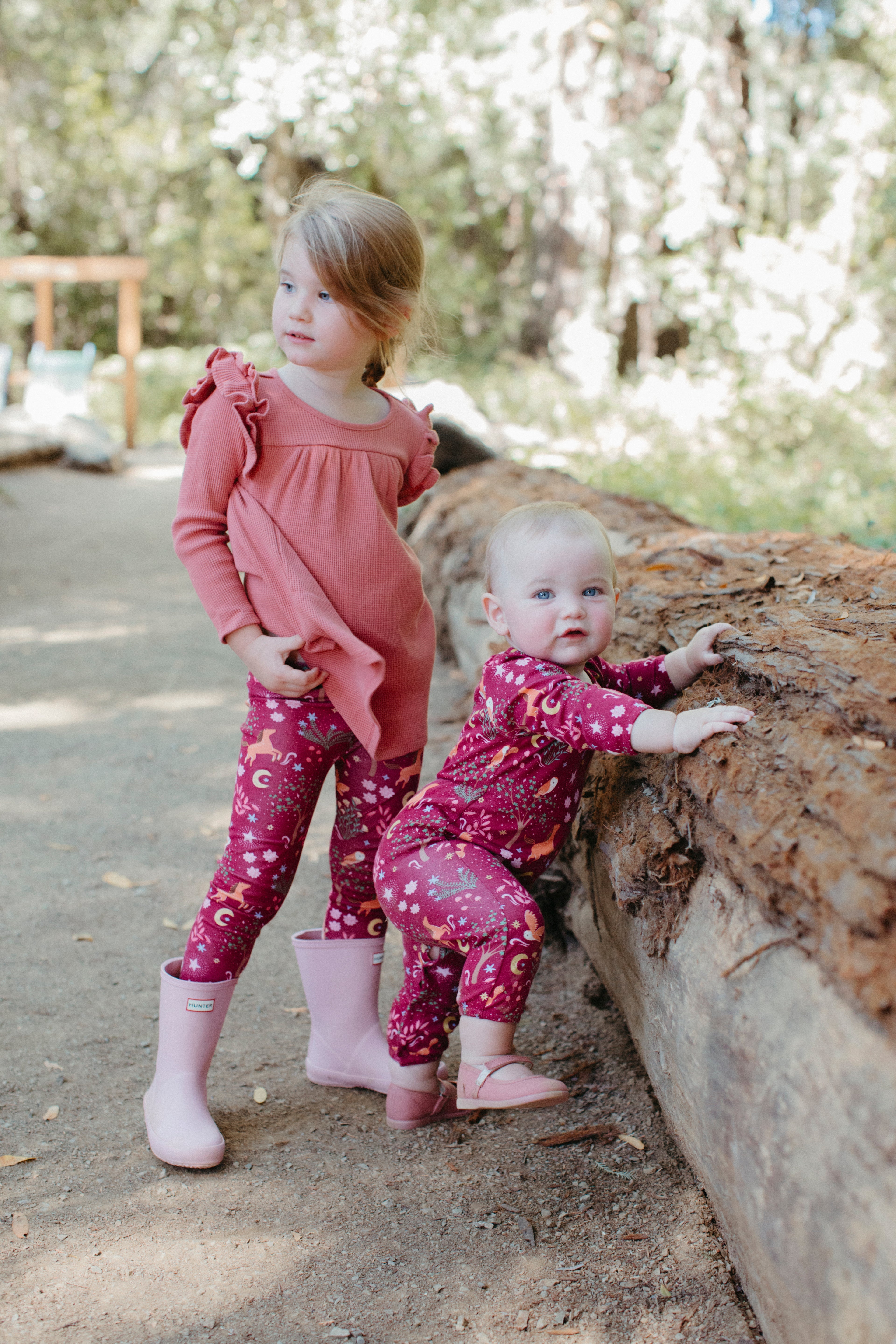 Close-up of Apple Park Woodland Dreams leggings on a child showing soft bamboo fabric and all-over woodland print detail