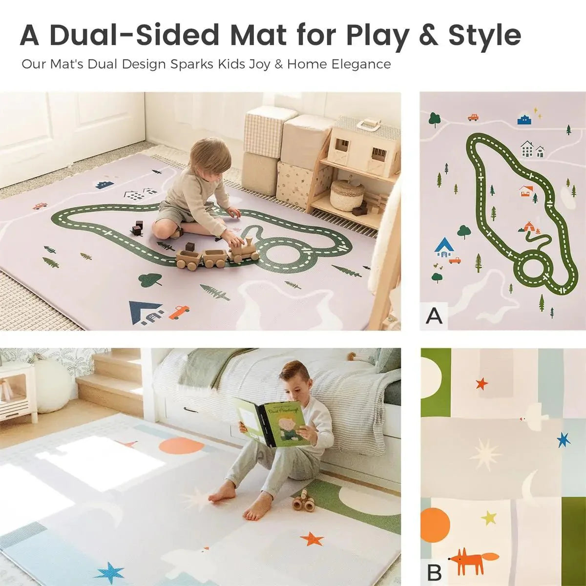 Dual-sided play mat for children with different designs on a light background