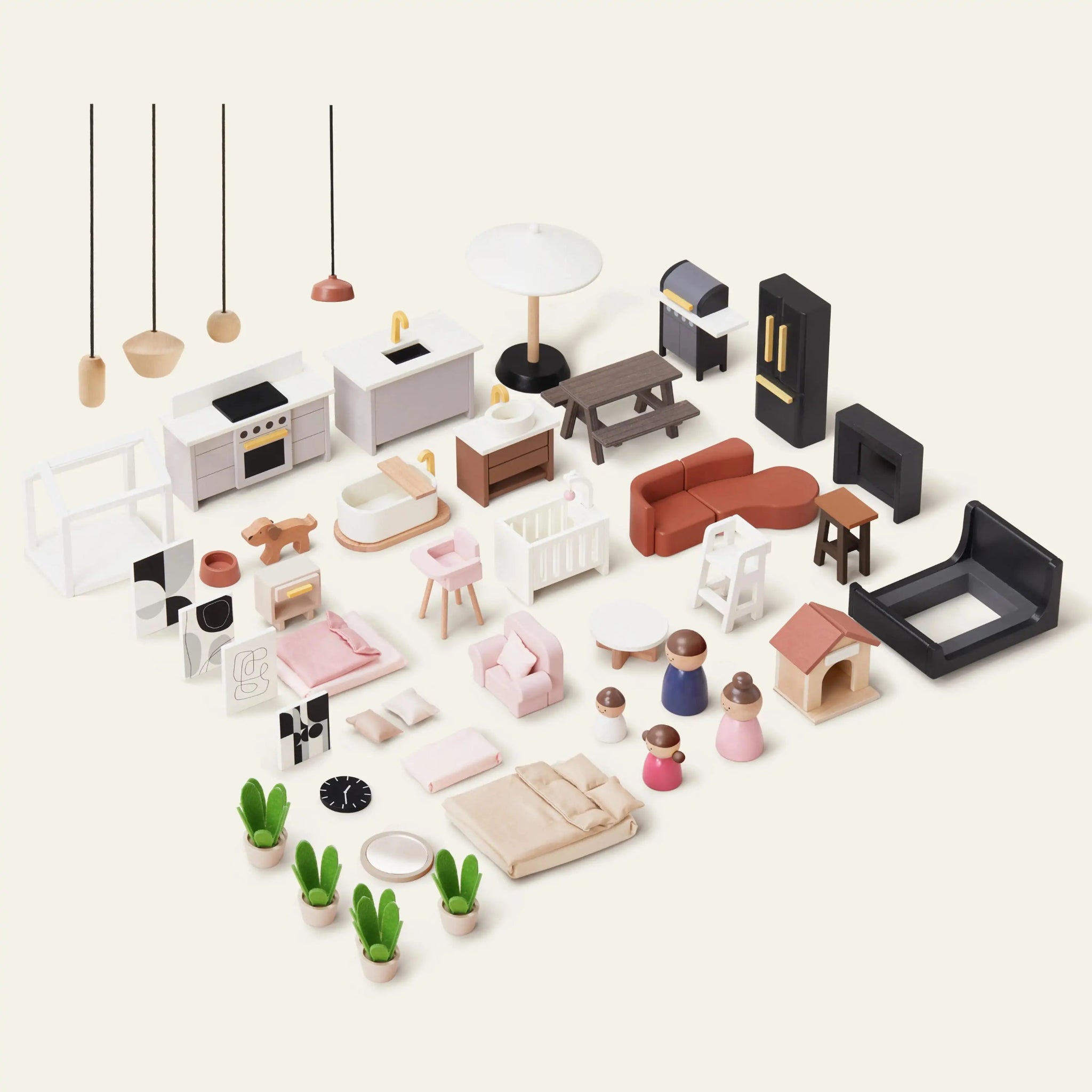 Collection of miniature furniture and accessories on a white background
