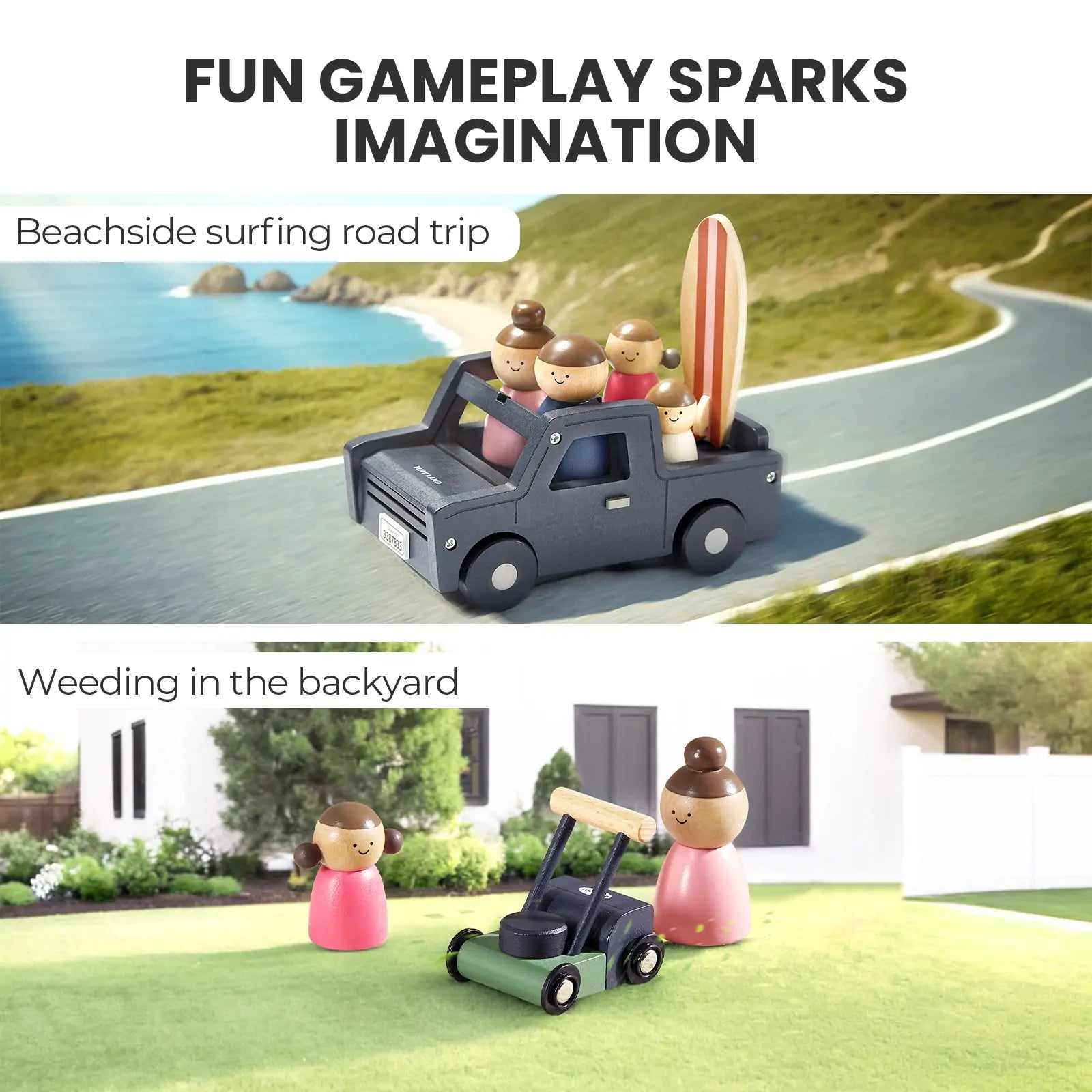 Tiny Land wooden dollhouse garage with SUV and surfboard