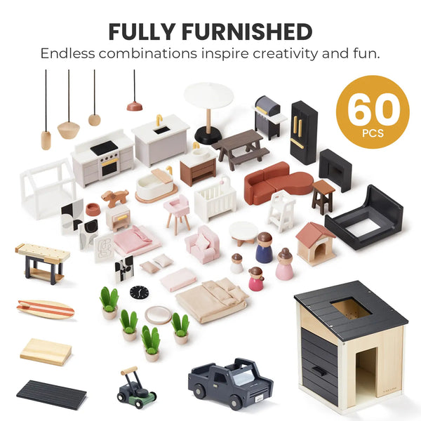 Set of miniature furniture and accessories with 'Fully Furnished' text and '60 PCS' label.
