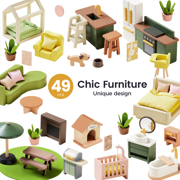 Tiny Land Sweetwood Edge dollhouse product image showing its rooms and furniture
