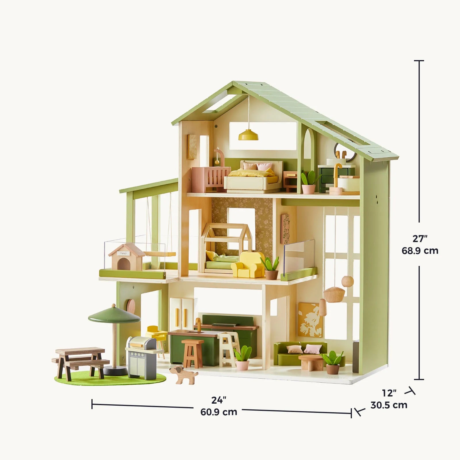 Wooden dollhouse with furniture and measurements on a white background